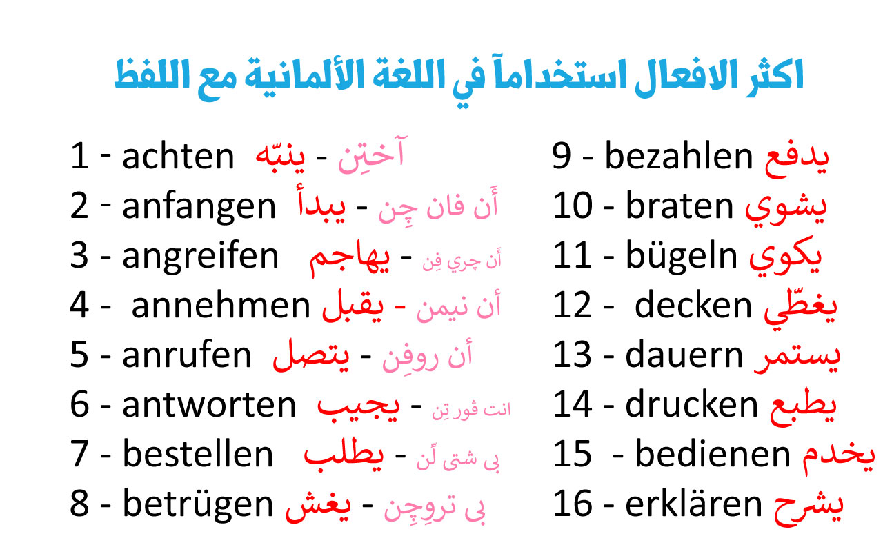 الافعال الاكثر استعمالآ في اللغة الالمانية مع اللفظ تعلم اللغة